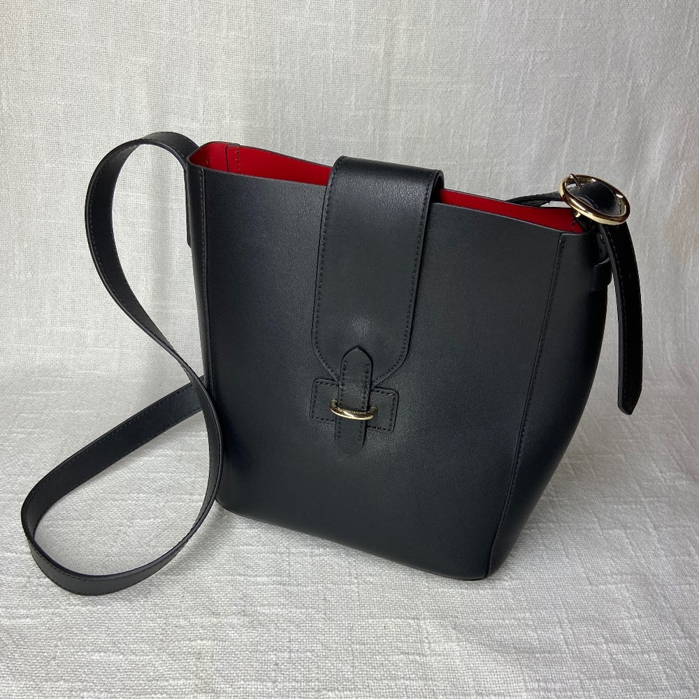 Banana Republic Black Leather Bucket Bag Purse with Red Interior